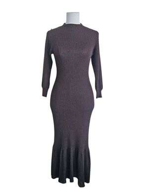 NWT Ajaie Alaie Hand Knit Alpaca Long Sleeve Midi Dress in Dark Brown XS
